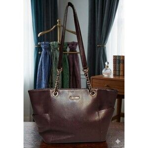 Calvin Klein Saffiano Leather Chain Tote Bag Glam Designer Elevated Chic Classic